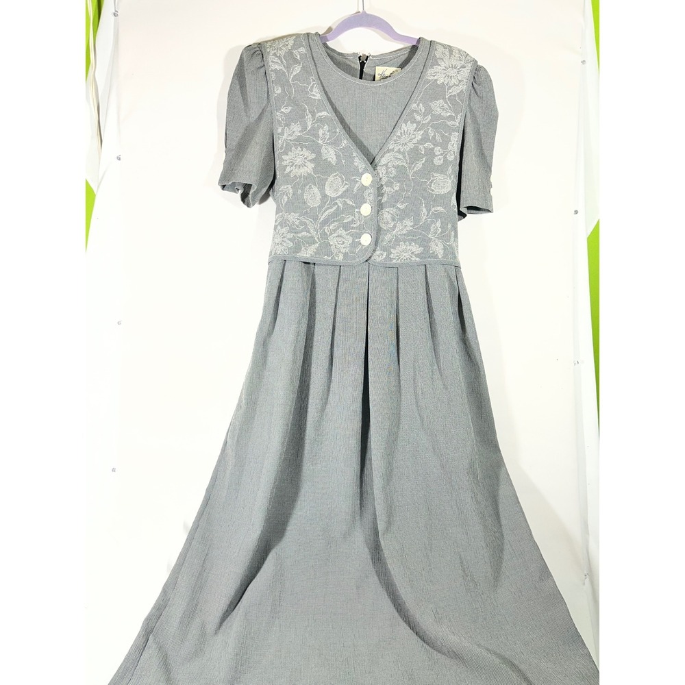 VTG Kathie Lee Houndstooth Floral Embroidered Maxi‎ Dress Women 10 Black/White